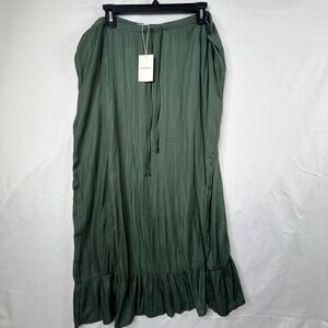 Natura Green Maxi Skirt S/M Boho Ruffle Hem Drawstring Waist Textured
